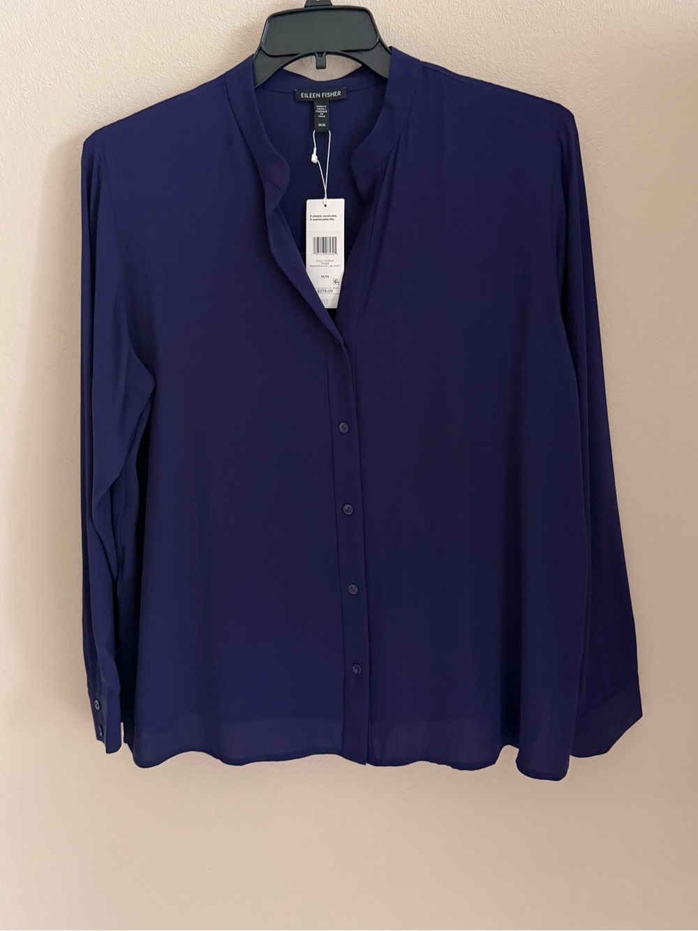Eileen Fisher Shirt Womens Medium Silk Georgette Crepe Mandarin Collar Blouse